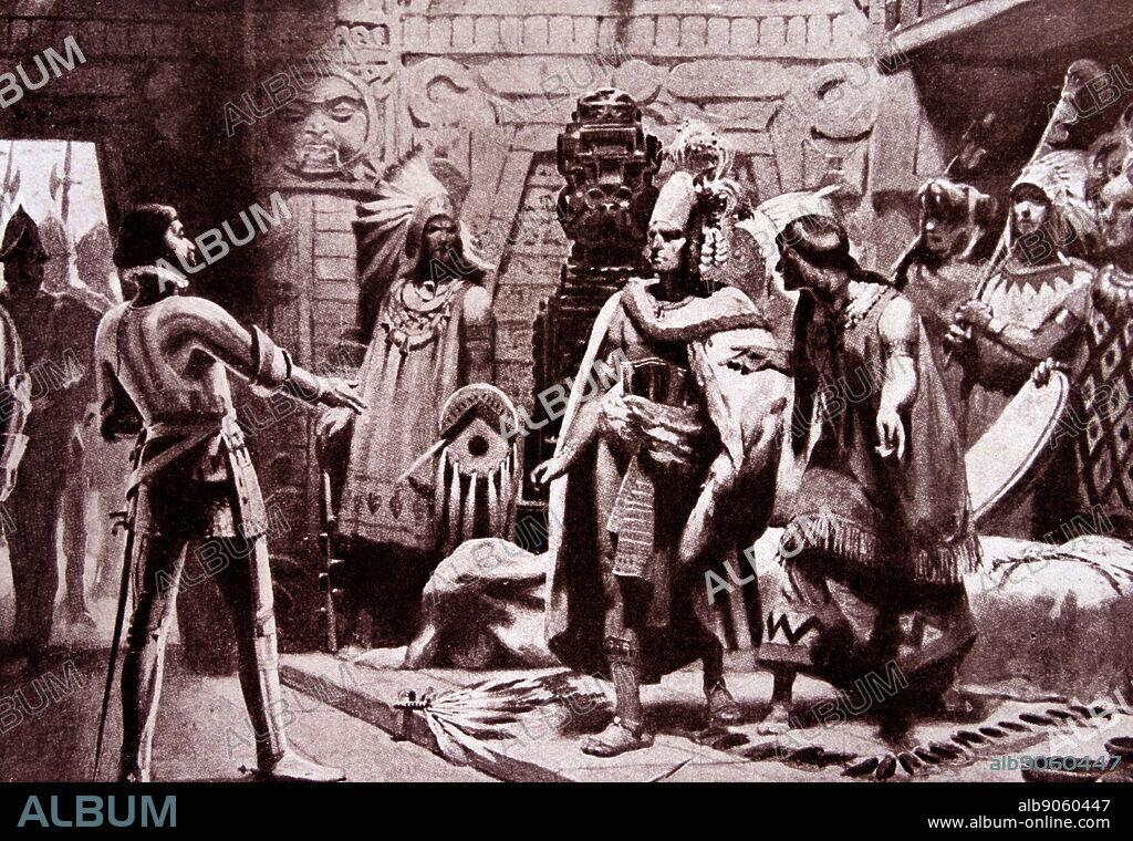 painting depicting the Montezuma bringing Cortés to his palace where the Spaniards lived as his guests for several months.