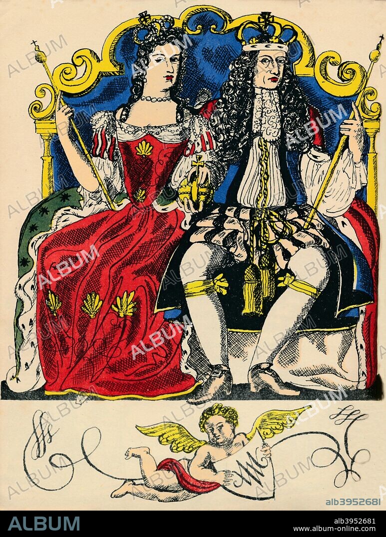 William III and Mary II, King and Queen of Great Britain and Ireland from 1688, (1932). The Protestant William of Orange (1650-1702) and Mary Stuart (1662-1694) came to the throne following the Glorious Revolution. They ruled together until Mary's death in 1694, after which William reigned alone. From Kings and Queens by Eleanor and Herbert Farjeon, illustrated by Rosalind Thornycroft [Victor Gollancz Ltd, London, 1932].