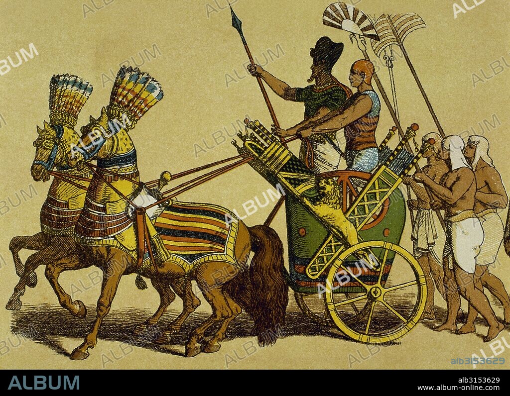 HISTORIA DEL ANTIGUO EGIPTO. FARAON montado en un carro de guerra, seguido por su séquito.