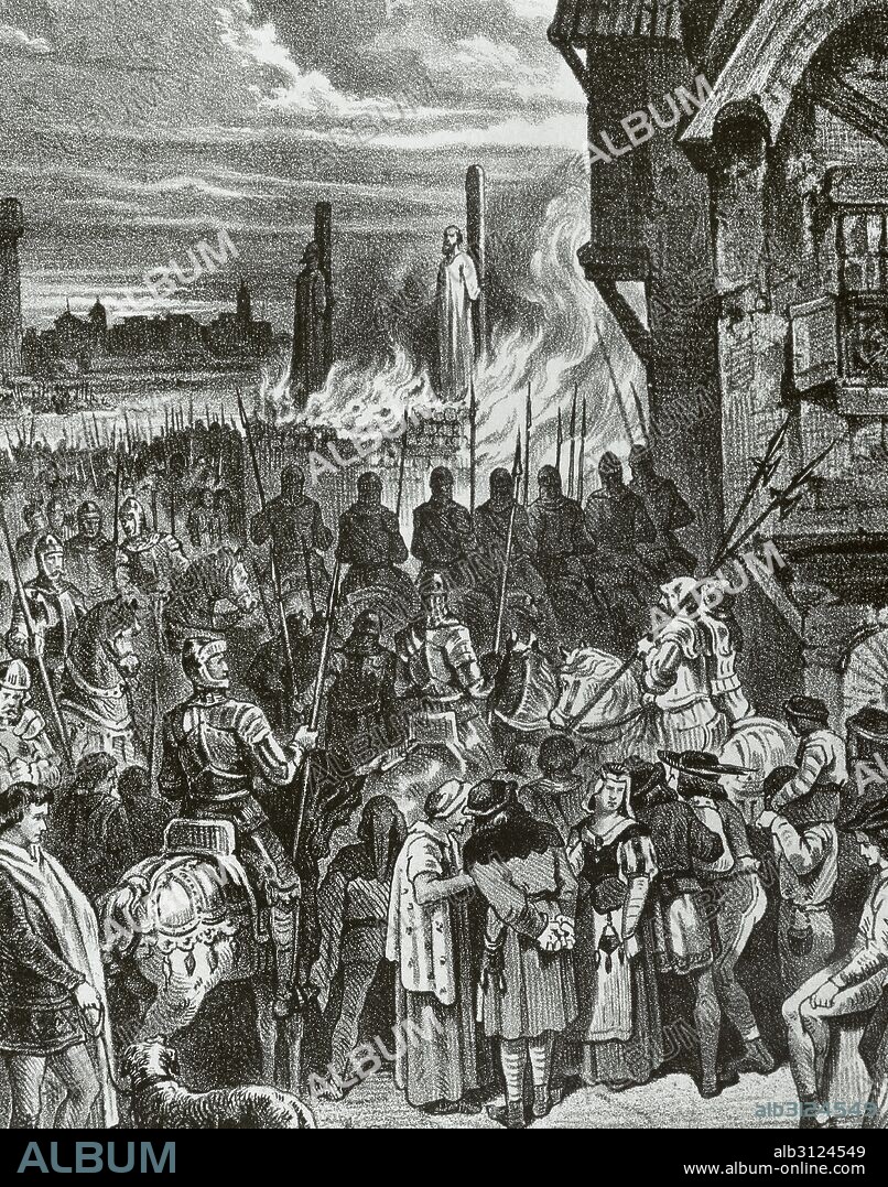 Burning of the Templars in France. Paris. Jacques de Molay (c.1240-1244-1314), Grand Master of the Order of the Temple, and Geoffroi de Charney, preceptor in Normandy, are burned at the stake accused of heresy by Pope Clement V March 18, 1314. Engraving.