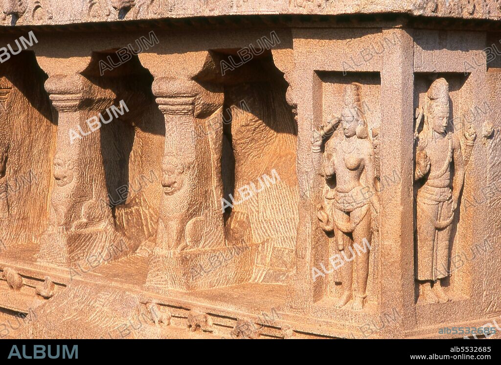 Pancha Rathas is an example of monolithic Indian rock-cut architecture. Dating from the late 7th century, it is attributed to the reign of King Mahendravarman I and his son Narasimhavarman I (630–680 CE; also called Mamalla, or 'great warrior') of the Pallava Kingdom. Mahabalipuram, also known as Mamallapuram (Tamil: ???????????) is an ancient historic town and was a bustling seaport from as early as the 1st century CE. By the 7th Century it was the main port city of the South Indian Pallava dynasty. The historic monuments seen today were built largely between the 7th and the 9th centuries CE.