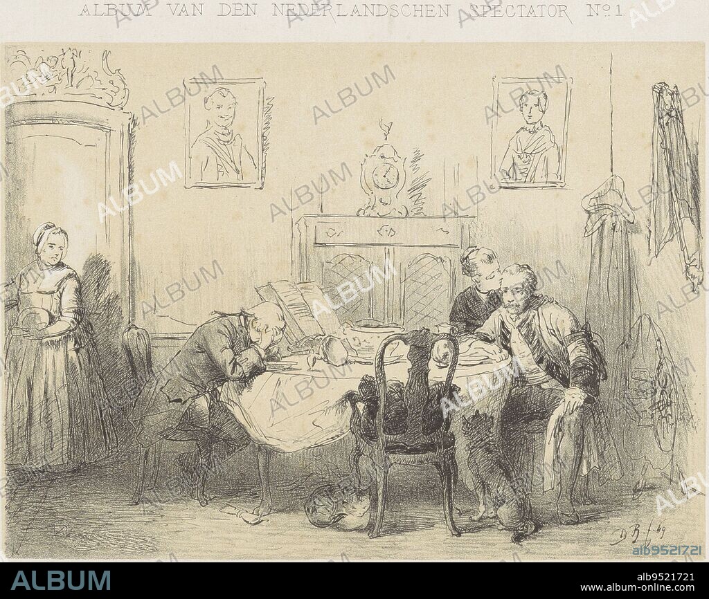 The Empty Chair, David Bles, 1869, A company, affected by grief, sits at the table. The man on the right stares at the empty chair while his wife kisses him. The man on the other side of the table has his hands in front of his face. In the doorway stands a servant. Above the image is written: 'Album van den Nederlandschen Spectator No.1'., print maker: David Bles, (mentioned on object), after: David Bles, printer: weduwe Elias Spanier & Zn, (mentioned on object), The Hague, 1869, paper, h 220 mm × w 280 mm.