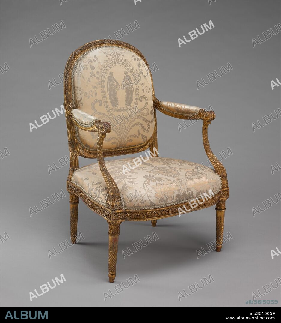 Armchair (fauteuil à la reine). Culture: French, Paris. Designer: Jacques Gondouin (1737-1818). Dimensions: Overall: 39 × 25 1/2 × 19 3/4 in. (99.1 × 64.8 × 50.2 cm). Maker: François II Foliot (1748-?1839, master 1773, retired 1786); carved by the workshop of Madame Pierre-Edme Babel; gilded by the workshop Marie-Catherine Renon; upholstered by Claude-François Capin (died 1789). Date: 1779.
Although intended to furnish Marie-Antoinette's grand cabinet intérieur at the château de Versailles during the winter months, the chair and the rest of the set were removed in 1783, when the grand cabinet intérieur was redecorated and placed in the queen's billiard room on the floor above. Sold during the French Revolution, the entire set of furniture was acquired by the American statesman Gouverneur Morris, who served as minister of the United States in France from 1792 to 1794. The pieces were subsequently sent to Morrisania, Morris's country estate in the Bronx.
