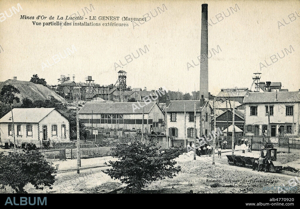 'Mine d'or de la Lucette, Le Genest (Mayenne). Vue partielle des installations exterieures'. Photographie anoyme pour une carte postale vers 1910. Credit : Jean Vigne/KHARBINE-TAPABOR.
