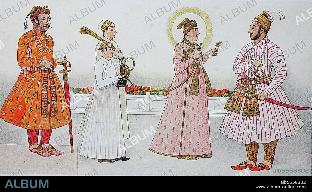 Kleidung, Mode in Indien, von 1600-1800, von links, ein Herrscher von Dehli im 17. Jahrhundert, dann der Großmogul von Indien, Achmed Shah, 1748-1758, mit zwei Dienern und dem kaiserlichen Prinzen, Murad-Bakche im 17. Jahrhundert, digital restaurierte Reproduktion einer Originalvorlage aus dem 19. Jahrhundert.