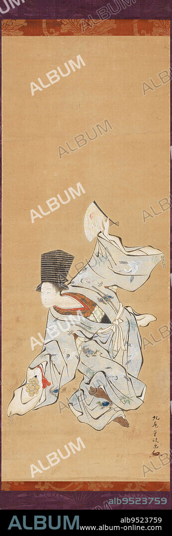 Sanbas Dancer, 18th-19th century, Kitao Shigemasa, Japanese, 1739 - 1820, 33 11/16 × 12 3/4 in. (85.57 × 32.39 cm) (image)66 3/4 × 13 15/16 in. (169.55 × 35.4 cm) (mount, without roller), Ink and color on paper, Japan, 18th-19th century.