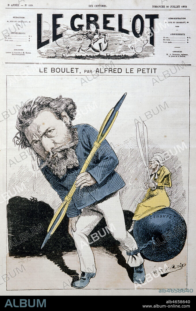 Caricature d'Alfred LE PETIT (1841-1910) tirant le boulet de la censure, sur lequl est assise Anastasie tenant ses ciseaux. Couverture du Grelot du 20/07/1873. Credit : Collection KHARBINE-TAPABOR.
