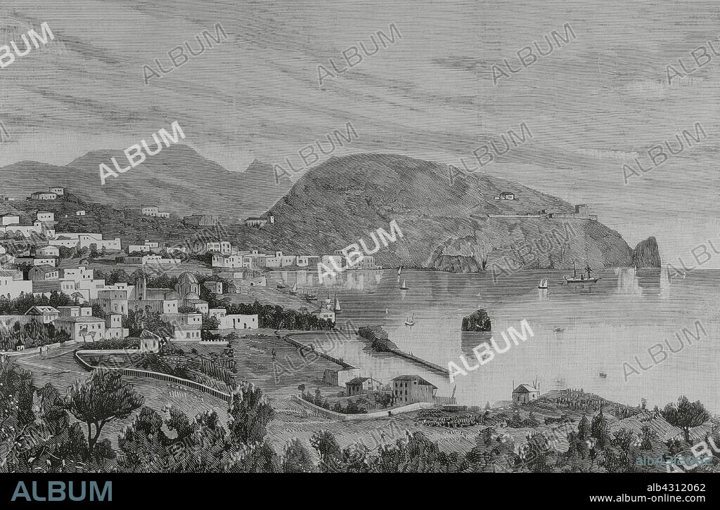 Italia. Archipiélago napolitano. Isla de Ischia. Vista panorámica de la ciudad de Ischia, capital de la isla, tomada desde la Bahía. Dibujo de A. de Caula. Grabado. La Ilustración Española y Americana, 8 de agosto de 1883.