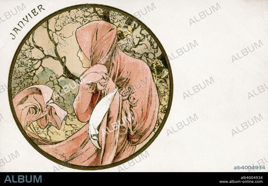 ALPHONSE MUCHA. 'January', 1900. A woman in a pink hooded cape.