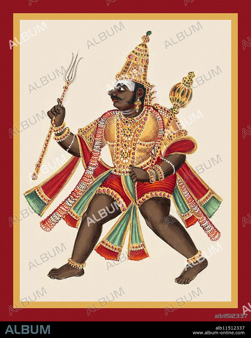 UNKNOWN. Kumbhakarna, the giant brother of Ravana, is shown with a knob-like nose and a moustache, standing in pratyalidha. He is shown armed with a trishula (trident) in his right hand and a gada (mace) in his left and is wearing a crown.