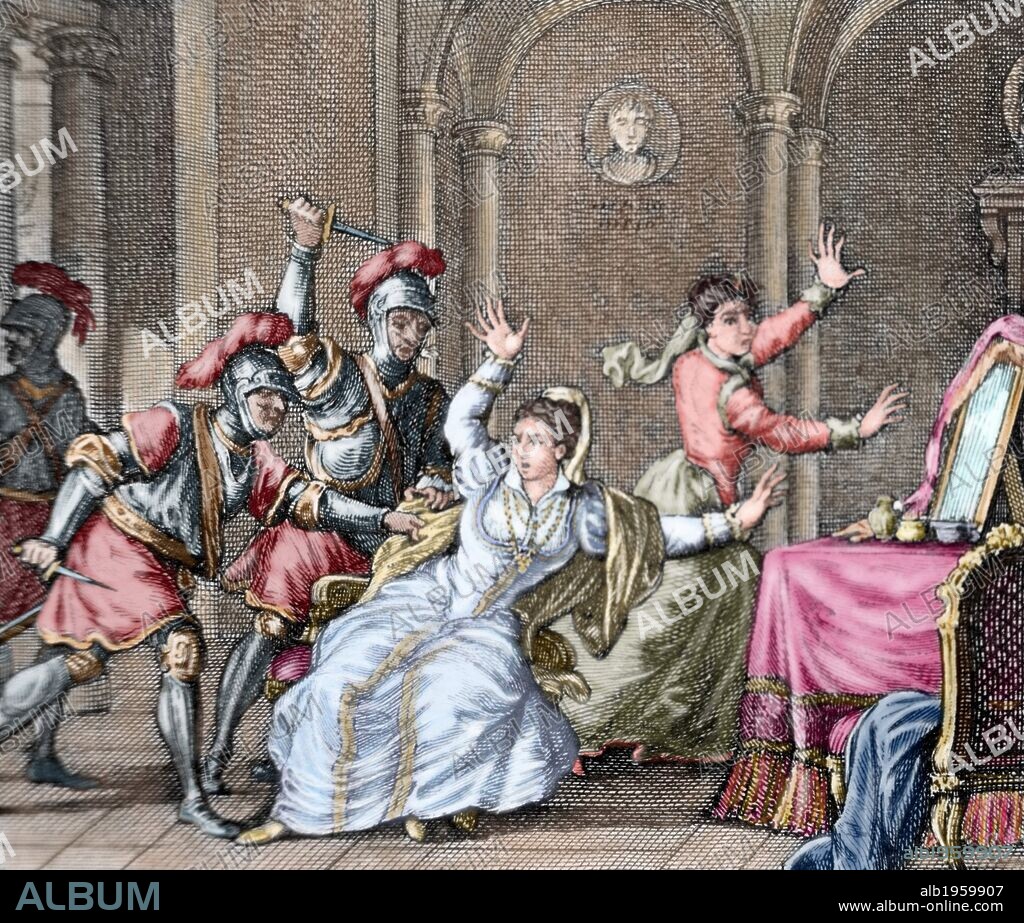 Ines de Castro (1325-1355). Queen consort of Portugal. Murder of Ines de Castro at the Monastery of Saint Claire the Older by Alonso Gonzalvez, Pedro Coelho and Diego Lopez Pacheco. Colored engraving. 18th century.