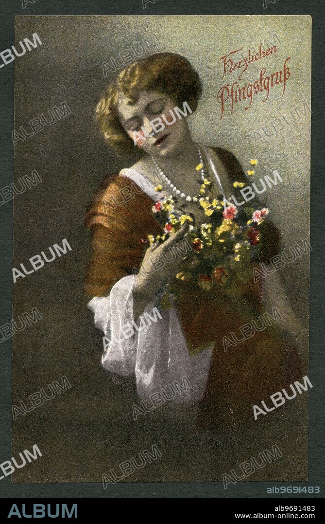 Europe, Germany, Pentecost postcard, coloured drawing shows a young lady with a bouquet of flowers , text : ' Herzlichen Pfingstgruß ' ( Warmest Pentecost greetings ) , the postcard was written 1919 , I do not know anything about the artist , publishing house : E. H. and Co. i. B. , Serie 613/6 .