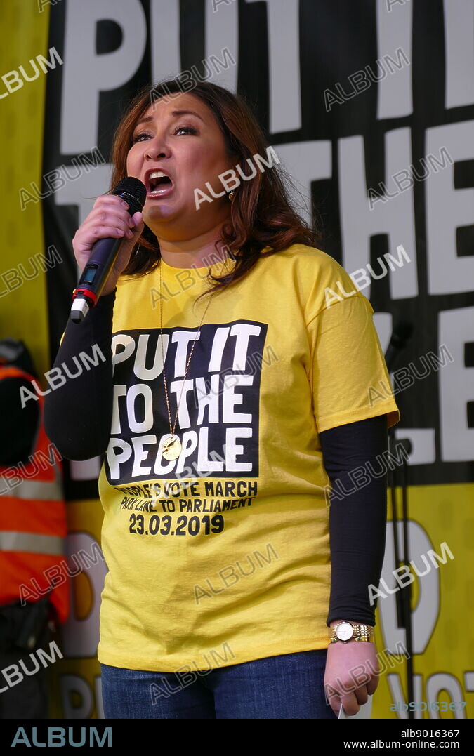 Ayesha Hazarika, Scottish comedian, broadcaster, and political commentator, addresses the 'People's Vote' march in Parliament Square, London. The People's Vote march took place in London on 23 March 2019 as part of a series of demonstrations to protest against Brexit, call for a new referendum, and ask the British Government to revoke Article 50. It brought to the capital hundreds of thousands of protestors, or over a million people according to the organizers.