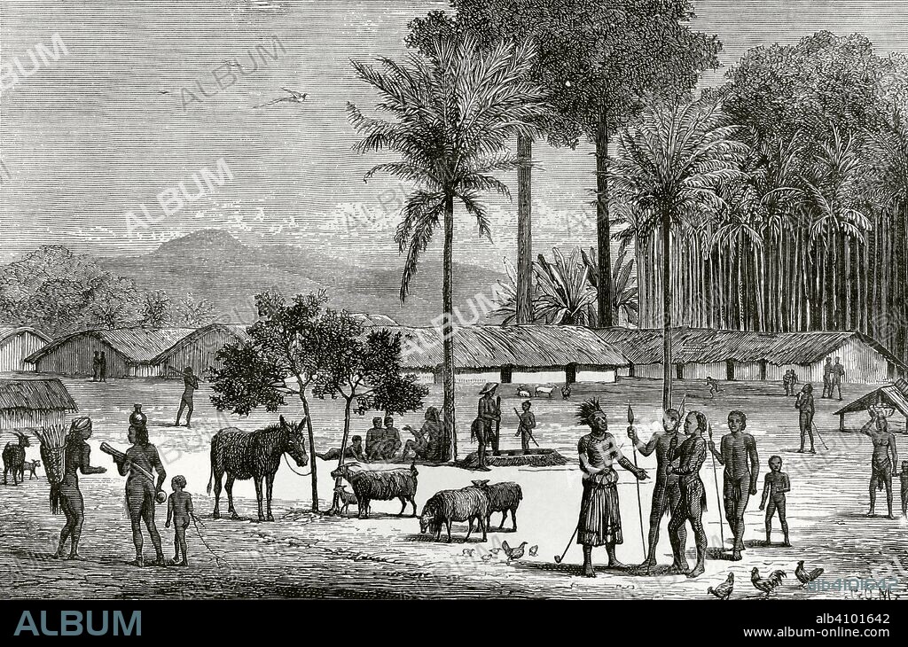 Africa Central. Una aldea de Manyema en 1876 (grupo étnico bantú). Grabado. Africa Inexplorada, El Continente Misterioso, por Henry Morton Stanley, h. 1887. Biblioteca Histórico Militar de Barcelona, Cataluña, España.