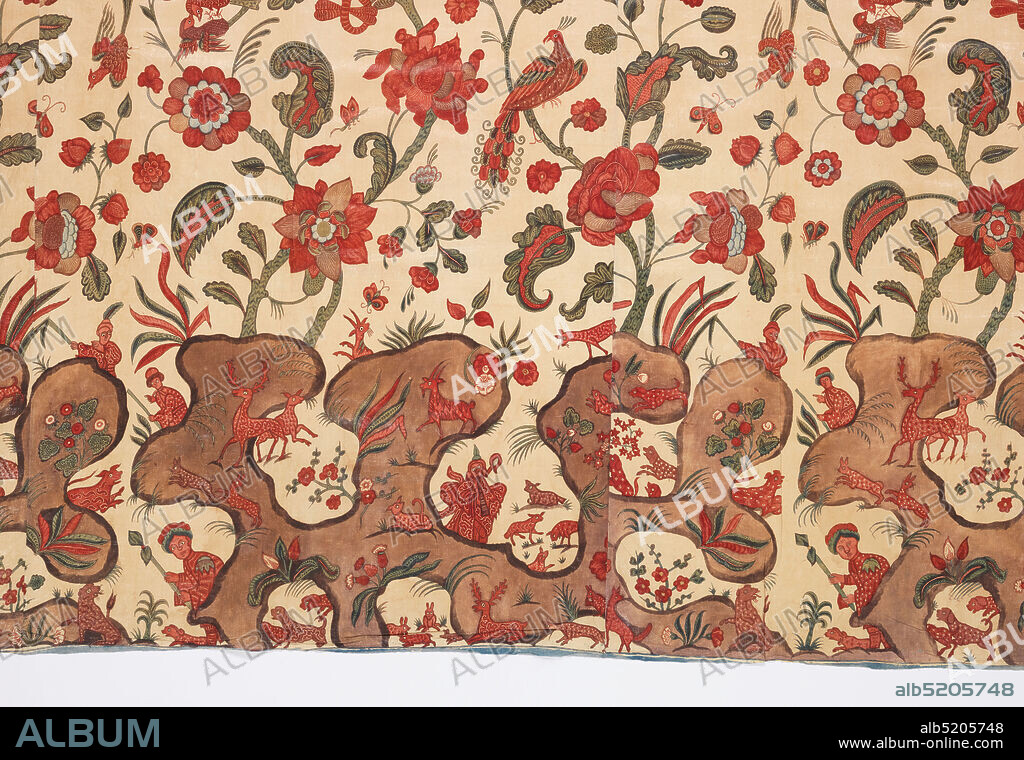 Bed hanging, Medium: cotton Technique: mordant painted and dyed plain weave (chintz), Large hanging of cotton chintz, lined with pale blue Chinese silk damask (now removed), contemporary with the chintz, and bound on three sides with twill curtain binding. The design is of large-scale flowering branches with large blossoms, smaller sprays of flowers, and heavily curved leaves, with birds (peacocks, parakeets, and pheasants) perched among them. With exception of certain leaves, design elements have different color scheme and internal decoration with each repetition, including all kinds of diapers, linear plant sprigs, hatching and shading, sometimes with resist. The trees spring from a rockery of Chinoiserie character, in which appear animal and human figures, including a shepherd in a pointed hat with a crook, blowing a horn to gather his sheep; a hunter with a round hat bearing a spear, while dogs below pursue a leopard; stags, goats, and rabbits., The painting is elaborate, in multiple shades of red and green, with light blue, violet, and brown, and much shading, on a white ground. The men are in red, with patterning suggested on their clothes. Animals are red with darker markings or white spots. Birds are in shades of red or green in plumage, with feather marking indicated. The hillocks in the landscape are light brown with darker brown outlines., The original glaze is intact., India (for European market), late 17th century, printed, dyed & painted textiles, Bed hanging.