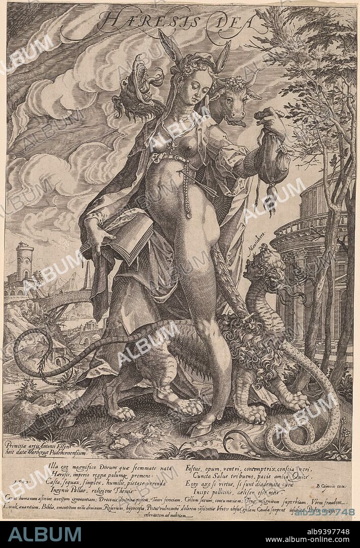 The Heretic in the guise of a female three-headed monster, accompanied by a Manticore. With caption in Latin., Heresy Haeresis dea (title on object), print maker: Anton Eisenhoit, (mentioned on object), publisher: Balthasar Caymox, (mentioned on object), Warburg, 1589, paper, engraving, h 344 mm × w 234 mm.