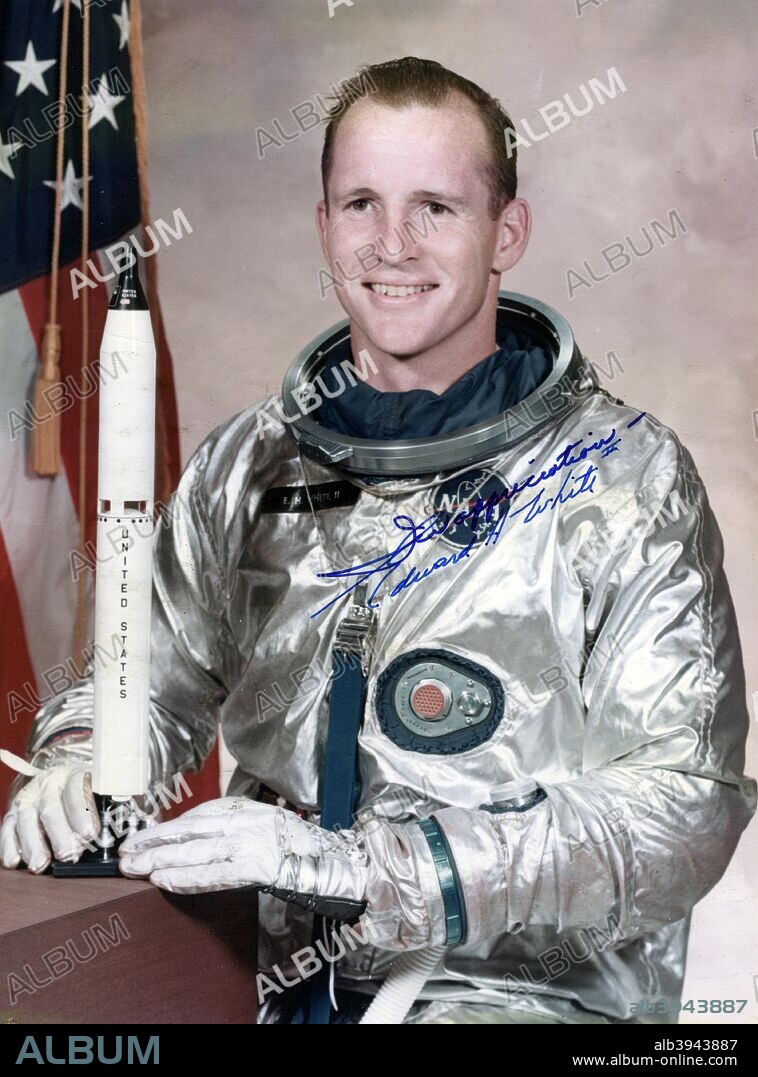 Edward Higgins White II (1930-1967), American astronaut, 1960s. Higgins was a United States Air Force officer and a NASA astronaut. On the 3rd June 1965, he became the first American to conduct a spacewalk. He was killed during the Apollo 1 training accident and posthumously awarded the Congressional Space Medal of Honor and was previously awarded the NASA Space Flight Medal for his Gemini 4 spaceflight.