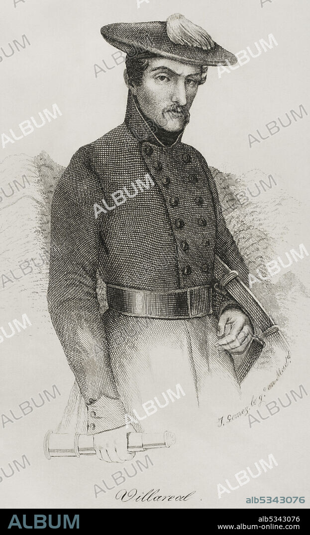JOSé GóMEZ. SPANISH ENGRAVER. Bruno de Villarreal (1799-1861). Oficial del ejército carlista durante la Primera Guerra Carlista (1833-1840). Alcanzó el grado de Mariscal del Ejército Carlista del Norte. Retrato. Grabado por José Gómez. Panorama Español, Crónica Contemporánea. Tomo I. Madrid, 1842.