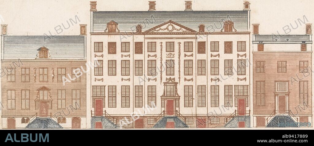 Facades of Amsterdam canal houses on the Herengracht 471-477, Amsterdam canal houses on the Herengracht 471-477 City Hall and canal houses in Amsterdam (series title), print maker: anonymous, publisher: Cornelis Danckerts (II), Johan Teyler, Amsterdam, 1696 - 1706, paper, etching, h 108 mm × w 261 mm.