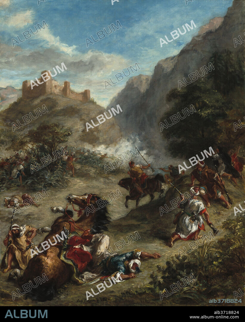 EUGENE DELACROIX. Arabs Skirmishing in the Mountains. Dated: 1863. Dimensions: overall: 92.5 x 74.5 cm (36 7/16 x 29 5/16 in.)  framed: 121.3 x 103.2 cm (47 3/4 x 40 5/8 in.). Medium: oil on canvas.