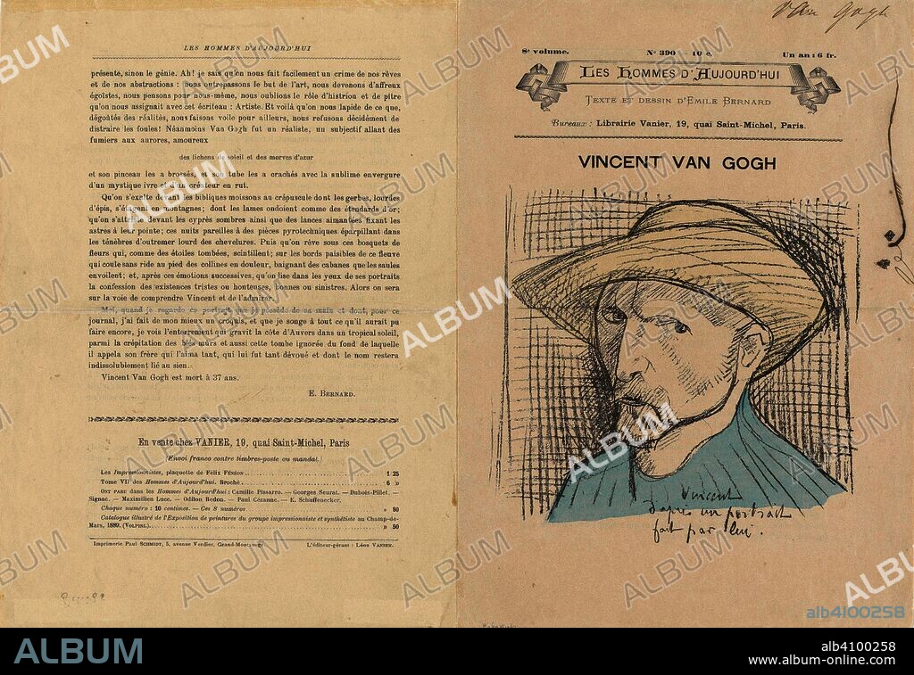 EMILE BERNARD. Vincent van Gogh from the journal Les Hommes d'aujourd' hui (1891). Dimensions: 28.3 cm x 40.4 cm, 17.5 cm x 17 cm.