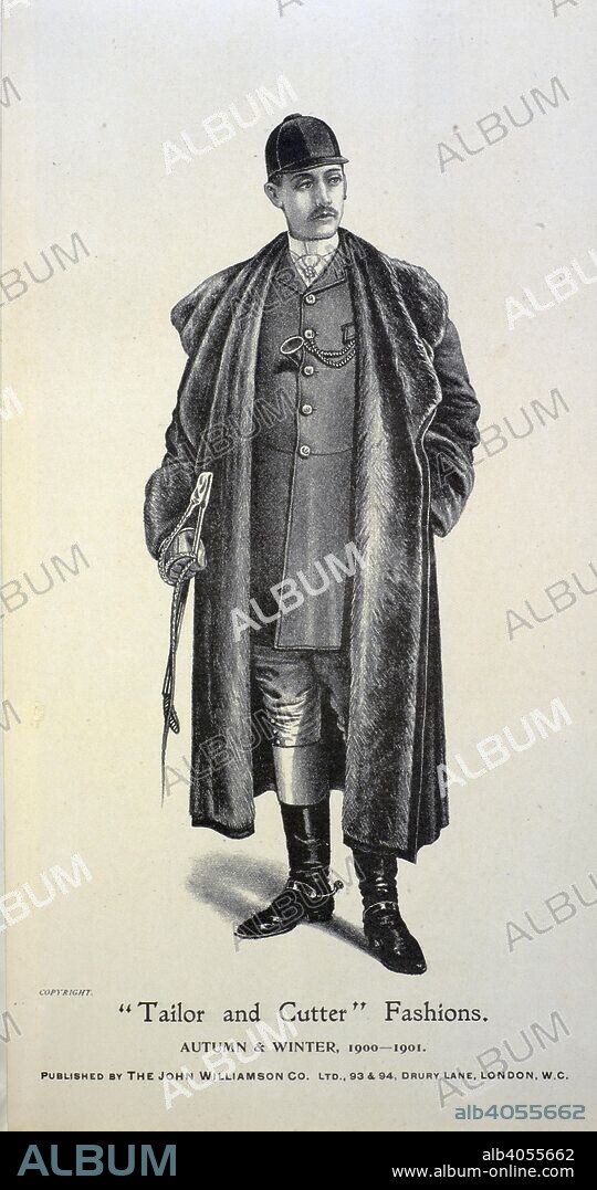 Man wearing a hunting outfit and warm overcoat. "Tailor and cutter" fashions. London Art Fashion Journal. London, 1900-1901. Source: London art fashion journal, September 1900, after p.103.