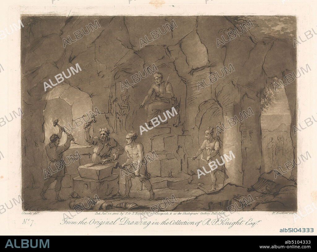 Vulcan's Forge, Print made by Richard Earlom, 17431822, British, after Claude Lorrain, 16001682, French, Published by John Boydell, 17201804, British, Published by Josiah Boydell, 17521817, British, 1802, Mezzotint and etching, printed in brown ink on moderately thick, smooth, cream wove paper, Sheet: 10 15/16 x 16 5/8 inches (27.8 x 42.2 cm), Plate: 6 7/16 x 8 11/16 inches (16.4 x 22 cm), and Image: 5 5/8 x 7 7/8 inches (14.3 x 20 cm), anvil (tool), arches, blacksmiths, cave, chiton, columns (architectural elements), cyclopes, forge, forging (metal forming), gesture, gods, hammers (tools), helmet, labor, men, mythology, pickup tongs, pillars, pointing, religious and mythological subject, smithy, spear, staff (walking stick), the Cyclopes forging, throne, toga, tools, tunic, Vulcan in his smithy, weapons, wings, workers, working.
