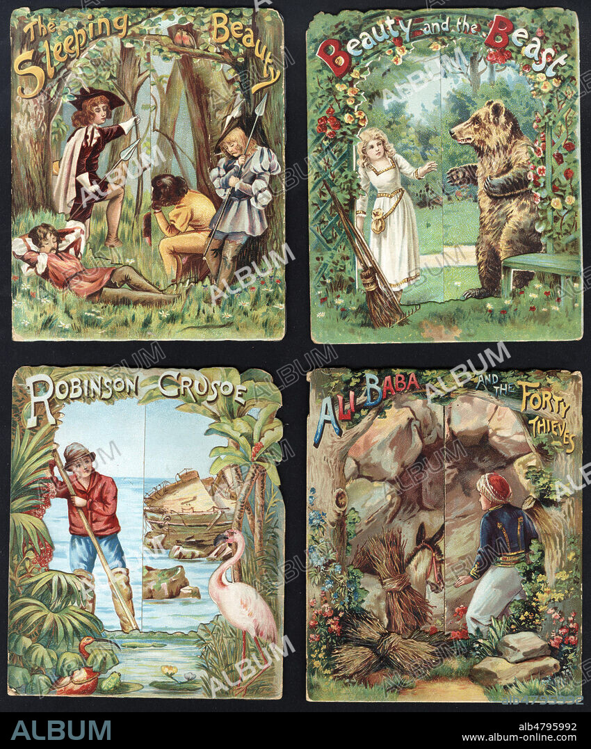4 peep-books , Belle au bois dormant, Belle et la BEte, Ali baba et RObinson Crusoe , edition anglaise vers 1880. Livre a systeme , collection privee. Credit Collection JO+KHARBINE TAPABOR.