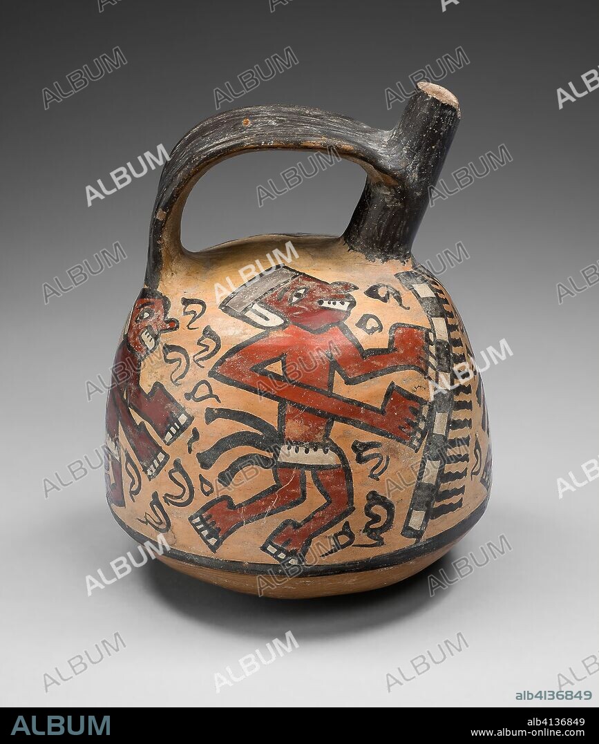 Single Spout and Bridge Vessel Depicting Dancing Figures. Tiwanaku-Wari; South coast, Bolivia. Date: 700 AD-1000. Dimensions: 13 × 10.2 cm (5 1/8 × 4 in.). Ceramic and pigment. Origin: Bolivia.