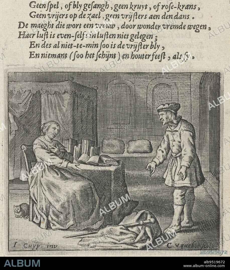 In an interior, the Greek philosopher Hipparchia of Maroneia sits at a table on which many books lie. Her future husband Krates van Thebe asks her to marry her. Page from a book with text on recto and verso, Hipparchia and Krates., print maker: Crispijn van den Queborn, (mentioned on object), Jacob Gerritsz Cuyp, (mentioned on object), print maker: The Hague, Dordrecht, 1643, paper, engraving, letterpress printing, h 66 mm × w 78 mm.