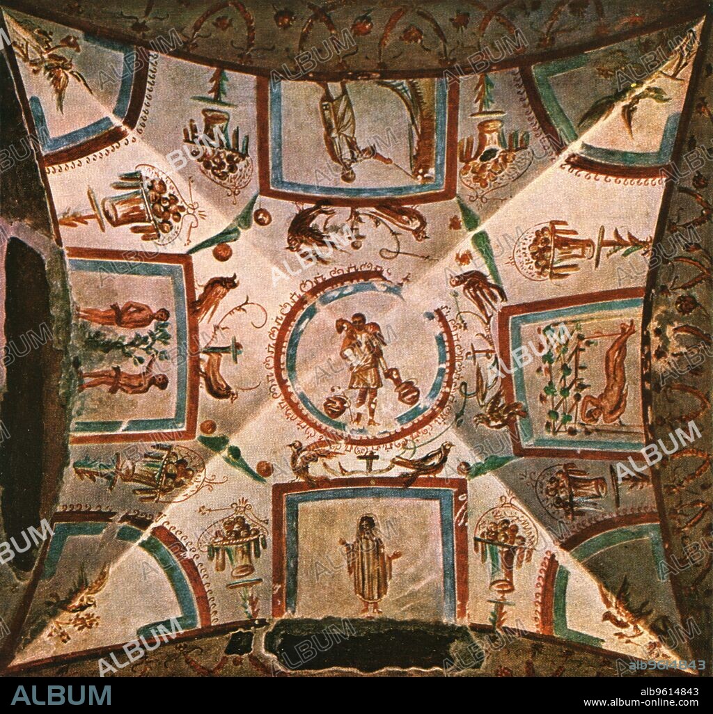 Ceiling in Chamber II of the Coemeterium Maius (catacombs) on the Via Nomentana, Rome, Italy, (1928). '1st half of 4th century...The Good Shepherd, Miracle of the Source, the Fall, veiled figure praying, Jonas resting, birds and vases with fruit'. After Joseph Wilpert. Plate XLVII, fig 104, from "An Encyclopaedia of Colour Decoration from the Earliest Times to the Middle of the XIXth Century" with explanatory text by Helmuth Bossert. [Ernst Wasmuth Ltd., Berlin, 1928].