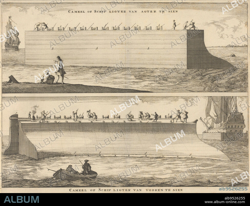 Two representations of one plate. Print marked in upper right corner: Fol: 360., Ship's camel seen from front and back Cameel or Schip Ligter van agter te sien / Cameel or Schip Ligter van vooren te sien , print maker: Caspar Luyken, printer: Andries Voorstad (I), publisher: Jan Claesz ten Hoorn, print maker: Amsterdam, printer: Delft, publisher: Amsterdam, 1697, paper, etching, h 285 mm × w 370 mm.