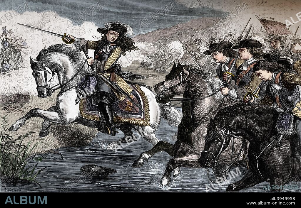 'Willliam III. At the Boyne', 1690, (c1880). The Battle of the Boyne was a battle in 1690 between the English King James II, and the Dutch Prince William of Orange, who, with his wife, Mary II (his cousin and James's daughter), had overthrown James in England in 1688. The battle took place across the River Boyne near the town of Drogheda on the east coast of Irelandand resulted in a victory for William.  From British Battles on Land and Sea, Vol. I, by James Grant. [Cassell Petter & Galpin, London, Paris & New York, c1880]. (Colorised black and white print).