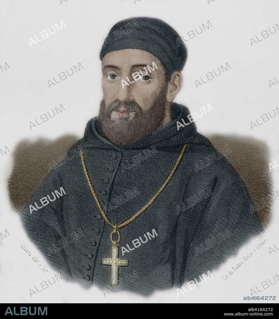 Bartolomé de Carranza (Miranda de Arga, Navarra, 1503-Roma, 1576). Arzobispo y teólogo navarro, muy influyente durante la Reforma católica en Trento y en la restauración católica de Inglaterra bajo María I Tudor. Dibujo por Llanta. Litografía. Coloreada. Crónica General de España, Historia Ilustrada y Descriptiva de sus Provincias. Extremadura, 1870.