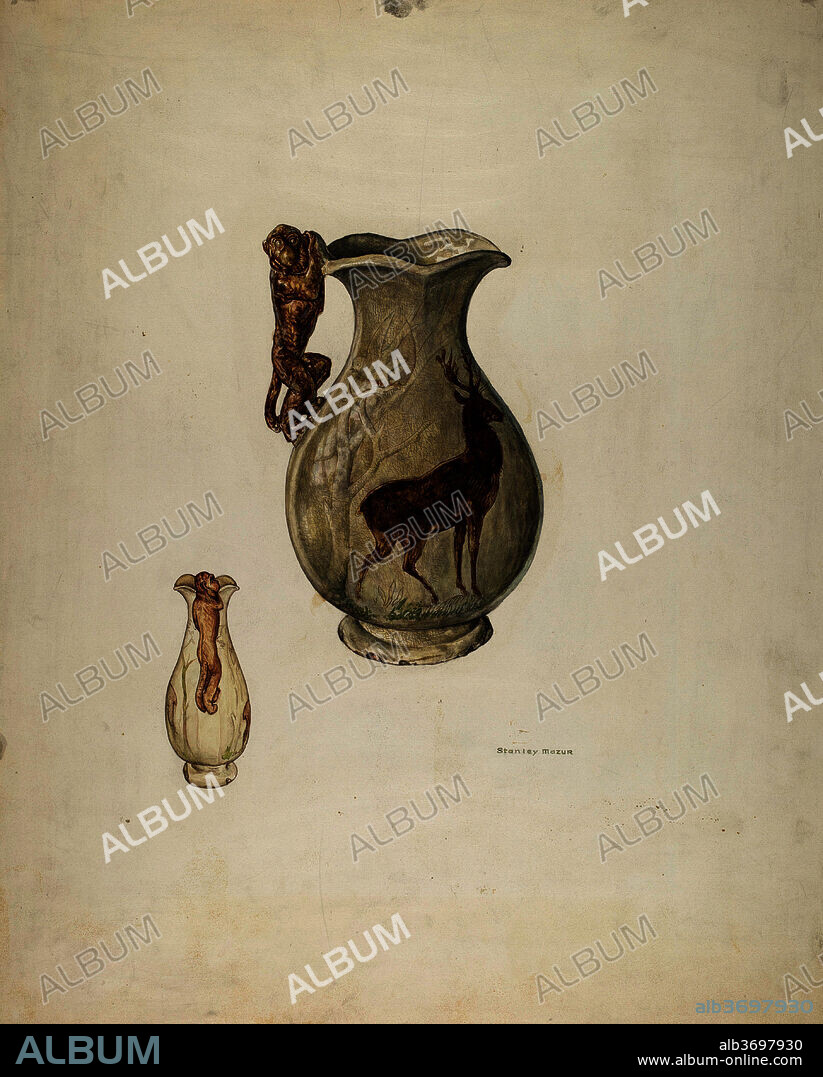 STANLEY MAZUR. Pottery Vase. Dated: probably 1941. Dimensions: overall: 55.2 x 45.4 cm (21 3/4 x 17 7/8 in.)  Original IAD Object: 9 3/4" High  6 1/2" Wide  3 1/2" Deep. Medium: watercolor, graphite, and pen and ink on paperboard.