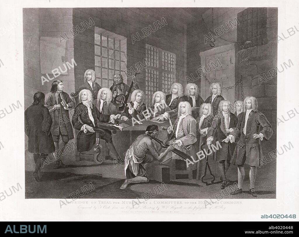 'Bambridge on Trial for Murder by a Committee of the House of Commons', 1803.   The Gaols Committee chairman James Oglethorpe is on the far left, seated, and questioning the prison warden Thomas Bambridge. A prisoner in a neck iron is shown kneeling before committee members. After one of Oglethorpe's friends died of smallpox in this prison Oglethrope chaired a commission investigating the conditions of the prison. He uncovered appalling living conditions, and acts of cruelty by the wardens, hence the questioning of Bambridge.