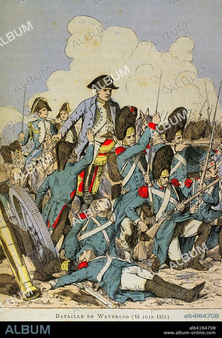 Guerras Napoleónicas. Batalla de Waterloo. Combate que tuvo lugar el 18 de junio de 1815 en la actual Bélgica, con victoria de la Septima Coalición. Ilustración a color de la "Armeé Française, Nos Soldats" (Ejército Francés, Nuestros Soldados). Autor, Eugene Hennebert (1826-1896). París, h. 1890. Ilustraciones firmadas por Hussenot y Pallandre. Biblioteca Histórico Militar de Barcelona, Cataluña, España.