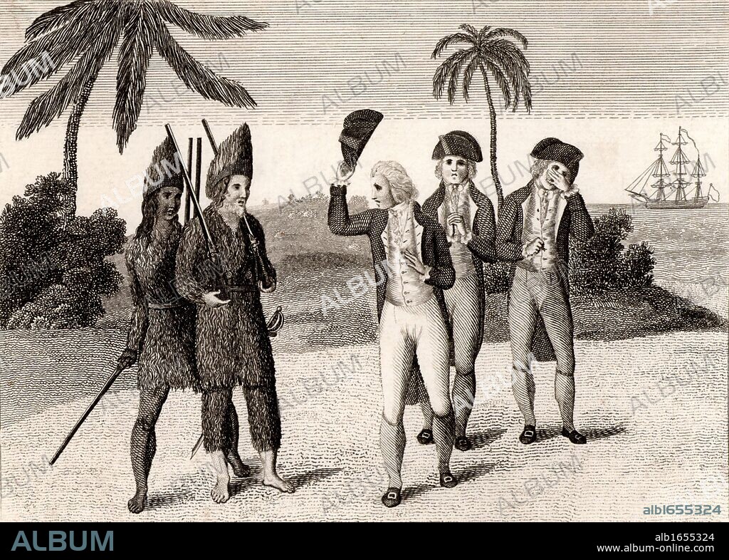 Robinson Crusoe and his companion Friday, left, with the English Captain whom he has helped to subdue the mutiny on his ship. After 28 years marooned on his island, Crusoe joins the ship and sails for home. "The Life and strange and surprising Adventures of Robinson Crusoe" by Daniel Defoe first published 1719, based partly on 1704-1709 experiences of Alexander Selkirk and claimed by some to be first English novel. Engraving from edition c1790.  (Photo by: Universal History Archive/UIG via Getty Images).