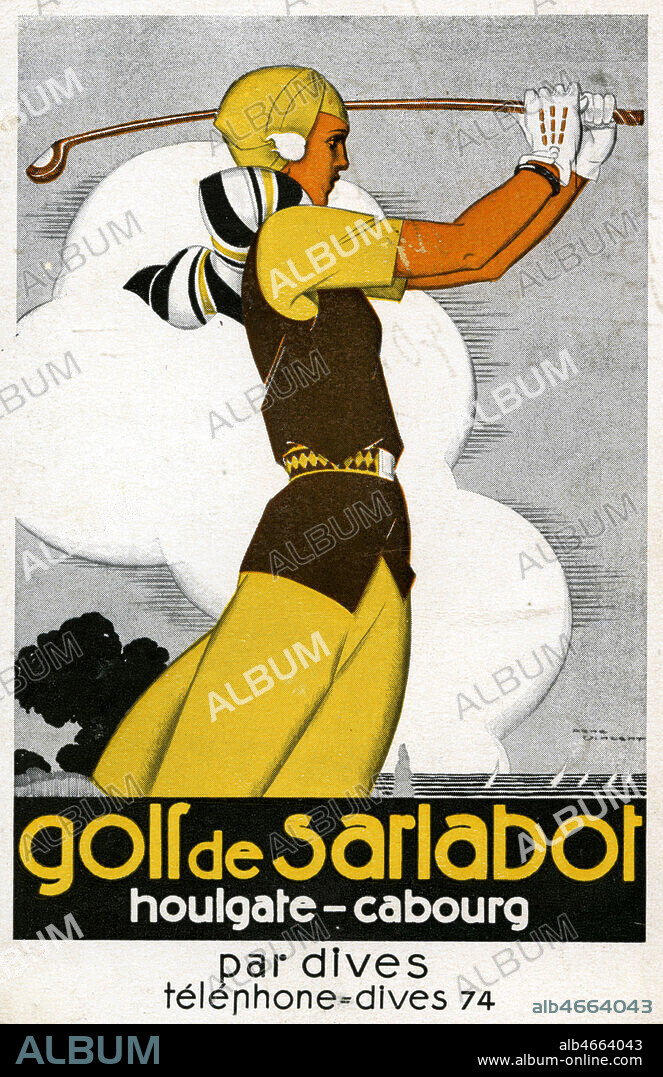 'Golf de Sarlabot, Houlgate-Cabourg'. Femme jouant au golf. Carte postale publicitaire vers 1920. Illustration par Rene VINCENT (1879-1936). Credit : Collection IM/KHARBINE-TAPABOR.