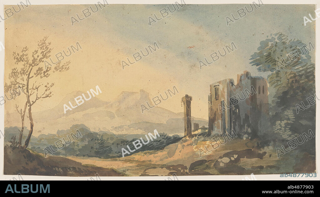 George Barret the Younger, Landscape with Classical Ruins, ca. 1800, watercolor on paper, 7 1/4 in. x 13 1/4 in. (18.42 cm. x 33.66 cm.).