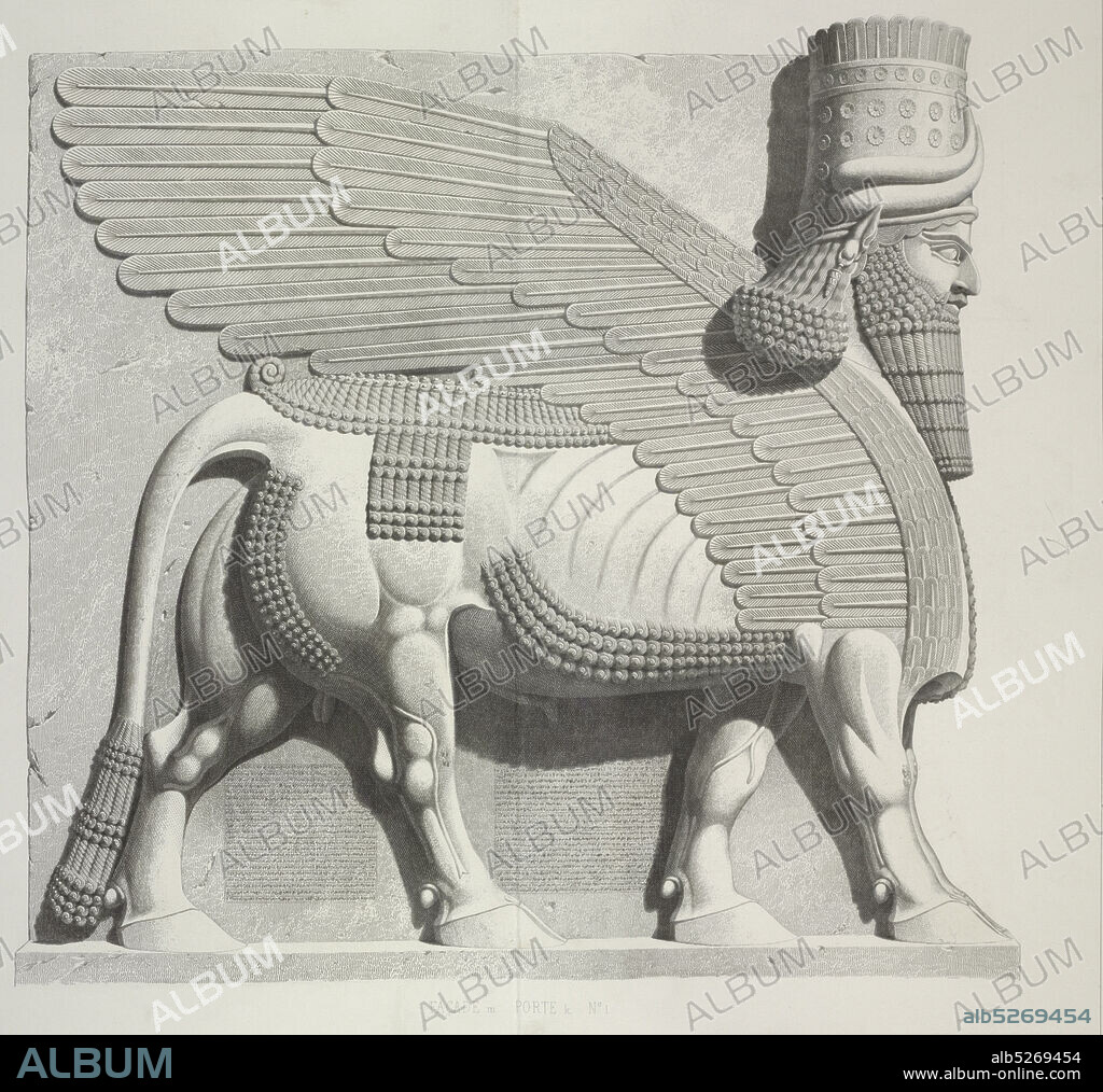 Façade m. Taureau (porte k, 1), de profil., still image, Prints, 1849 - 1850, Botta, Paul Emile, Flandin, Eugène (1809-1876).