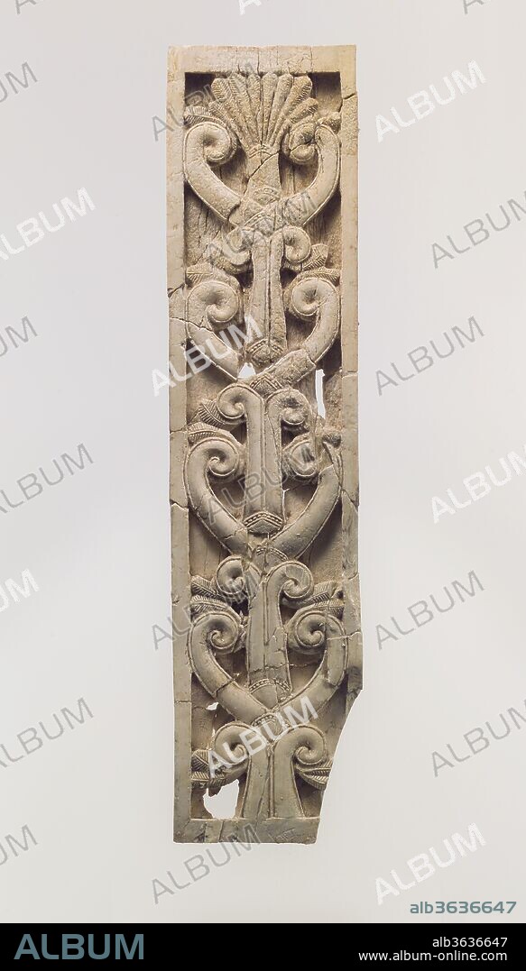 Furniture plaque carved in relief with volutes and a palmette. Culture: Assyrian. Dimensions: 9.84 x 2.32 x 0.39 in. (24.99 x 5.89 x 0.99 cm). Date: ca. 8th century B.C..
This ivory panel was found in a storage room in Fort Shalmaneser, a royal building at Nimrud that was used to store booty and tribute collected by the Assyrians while on military campaign. Like many other panels from the same storage room, it was part of a chair or couch back or the headboard of a bed. Twenty pieces of furniture were discovered stacked in orderly rows in this room, where they had been stored before the destruction of the Assyrian palaces in 612 B.C. 
The panel is decorated with four stylized trees, each combining a trunk made up of symmetrical volute stalks below a pair of curling voluted branches. Palm fronds extend from the volutes. A palmette sprouts from the top of the uppermost tree. This panel, and others like it found in the same storeroom, seem to have been used together with the ivory panels decorated with male and female figures to make up pieces of furniture. Several chair backs whose ivory inlays were still in place were arranged with one voluted palmette tree plaque on each outer edge, and four figural plaques in the center, making a total of six plaques used to ornament the back support portion of the chair. Only one furniture element in the storeroom had a back decorated entirely with plant forms, a piece that was likely part of a couch or bed, which is also in the Metropolitan Museum's collection (59.107.1).
Built by the Assyrian king Ashurnasirpal II, the palaces and storerooms of Nimrud housed thousands of pieces of carved ivory. Most of the ivories served as furniture inlays or small precious objects such as boxes. While some of them were carved in the same style as the large Assyrian reliefs lining the walls of the Northwest Palace, the majority of the ivories display images and styles related to the arts of North Syria and the Phoenician city-states. Phoenician style ivories are distinguished by their use of imagery related to Egyptian art, such as sphinxes and figures wearing pharaonic crowns, and the use of elaborate carving techniques such as openwork and colored glass inlay. North Syrian style ivories tend to depict stockier figures in more dynamic compositions, carved as solid plaques with fewer added decorative elements. However, some pieces do not fit easily into any of these three styles. Most of the ivories were probably collected by the Assyrian kings as tribute from vassal states, and as booty from conquered enemies, while some may have been manufactured in workshops at Nimrud. The ivory tusks that provided the raw material for these objects were almost certainly from African elephants, imported from lands south of Egypt, although elephants did inhabit several river valleys in Syria until they were hunted to extinction by the end of the eighth century B.C.