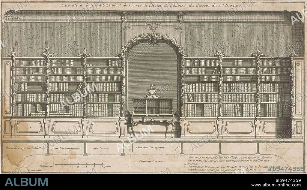 Library of the Hôtel de Soubise in Paris, Décoration du grand Cabinet de Livres de l'Hôstel de Soubise, du dessein du Sr. Harpin (title on object), Design and plan of the library of Hôtel Soubise with an alcove in the middle with a desk., print maker: anonymous, after drawing by: Louis Harpin, (mentioned on object), publisher: Jean Mariette, (mentioned on object), Paris, c. 1735 - c. 1745, paper, etching, height 198 mm × width 344 mm.