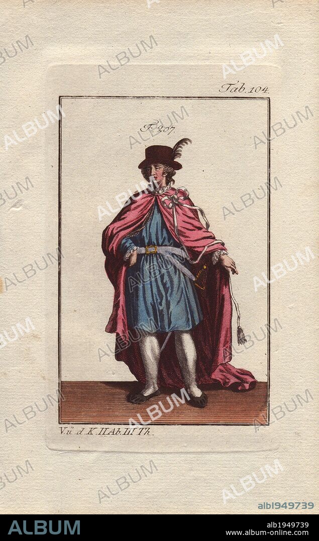 Knight of the Order of the Bath, a British order of chivalry founded by George I in 1725. The title comes from the medieval ritual of bathing a knight (as a symbol of purification) before induction into the order.. . Handcolored copperplate engraving of a knight from a religious military order from Robert von Spalart's "Historical Picture of the Costumes of the Principal People of Antiquity and of the Middle Ages" (1796).