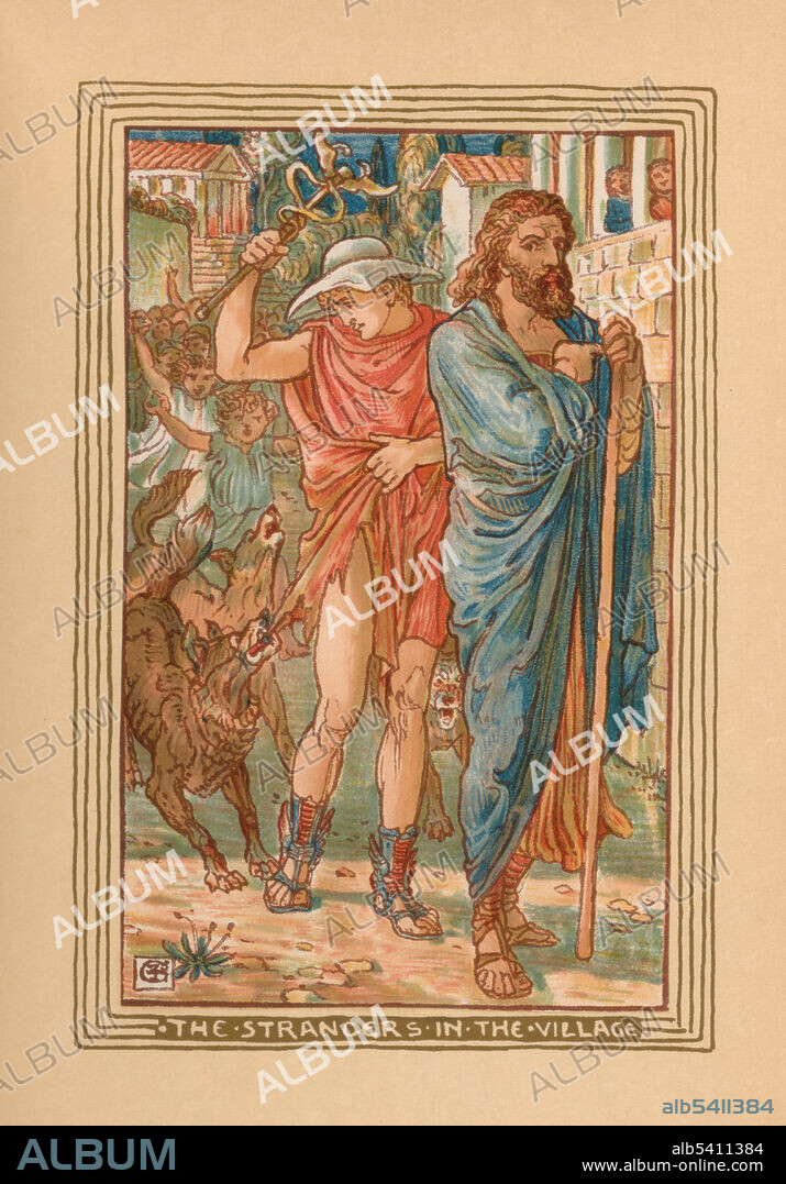 The Miraculous Pitcher, recounts the story of Baucis and Philemon providing food and shelter to two strangers who were Zeus and Hermes in disguise. Baucis and Philemon were rewarded by the gods for their kindness, they were promised never to live apart from one another. Nathaniel Hawthorne (July 4, 1804, May 19, 1864) was an American novelist, dark romantic, and short story writer. His, A Wonder-Book for Girls and Boys, first published in 1851, is a children's book in which he retells several Greek myths. Walter Crane (August 15, 1845, March 14, 1915) was an English artist and book illustrator. He was part of the Arts and Crafts movement and produced an array of paintings, illustrations, children's books, ceramic tiles and other decorative arts. Printed at the Riverside Press, 1893.