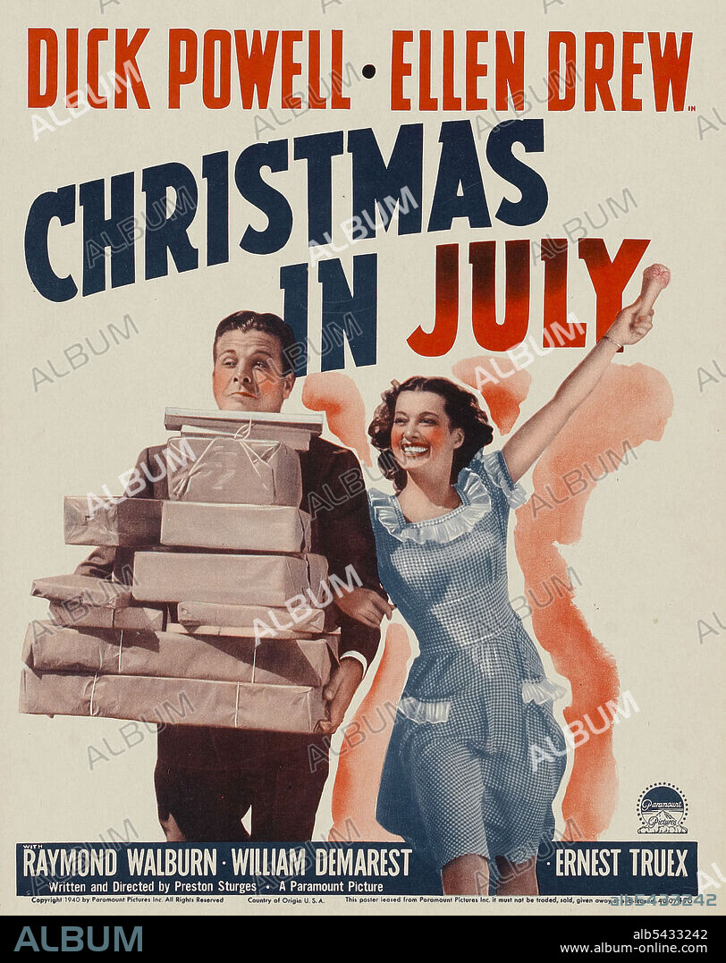 DICK POWELL and ELLEN DREW in CHRISTMAS IN JULY, 1940, directed by PRESTON STURGES. Copyright PARAMOUNT PICTURES.