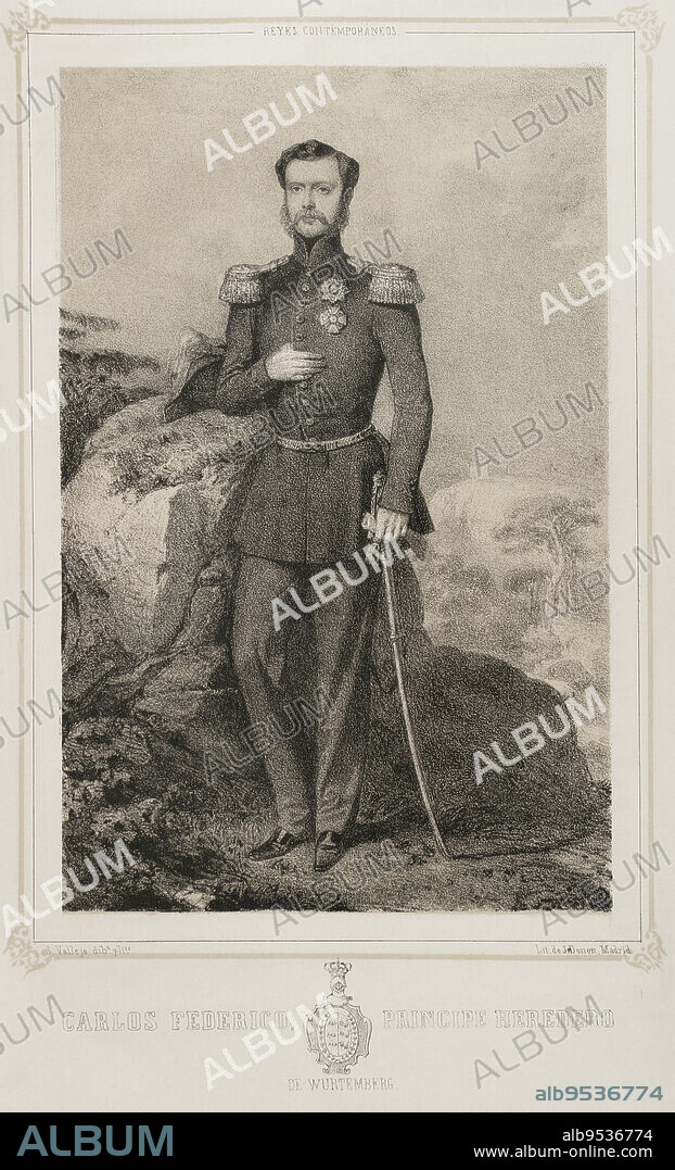 JOSÉ VALLEJO (1821-1882). SPANISH ILLUSTRATOR. JULIO DONÓN. SPANISH ARTIST ACTIVE FROM 1840 TO 1880.. Karl I of Württemberg (1823-1891). Third King of Württemberg (1864-1891). Portrait of Karl Friedrich Alexander as Crown Prince of Württemberg. Drawing by J. Vallejo. Lithography by J. Donón. "Reyes Contemporáneos". Volume I. Published in Madrid, 1855.