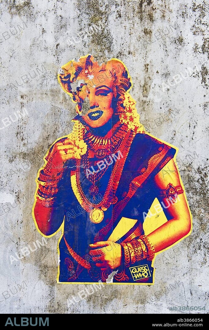 Marilyn Monroe wearing an Indian sari from the series Guess Who, unknown artist, graffiti on a wall in Kochi, international art exhibition of contemporary art Kochi Muziris Biennale 2014 Kerala, India