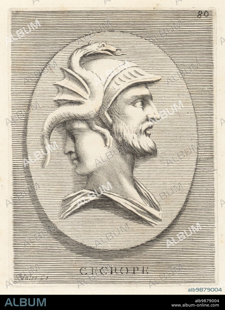 Cecrops I, mythical king of Attica, founder and the first king of Cecropia (Athens), Greece. With two faces, one young and one old, wearing a helmet decorated with a dragon. From a carnelian gem donated by Pietro Quintilij. Cecrope. Copperplate engraving by Guillaume Vallet after Giovanni Angelo Canini from Iconografia, cioe disegni d'imagini de famosissimi monarchi, regi, filososi, poeti ed oratori dell' Antichita, Drawings of images of famous monarchs, kings, philosophers, poets and orators of Antiquity, Ignatio deLazari, Rome, 1699.