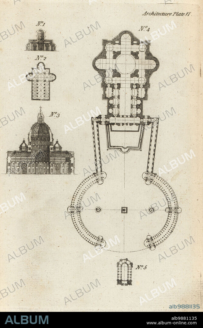 Section 1 and plan of the Basilica of St. Augustine at Rome, section 3 and plan 4 of St Peter's Basilica at Rome, and plan of the Catholic chapel at Versailles. Copperplate engraving from Francis Fitzgeralds The Artists Repository and Drawing Magazine, Charles Taylor, London, 1785.
